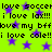 Bright green background with purple stars and repeated black text reading 'love soccer', 'i love lax!!!', 'love my bff', 'i love cole!!'