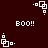 Dark red background with white pixelated text and animated square shapes.