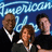 Blue background with 'American Idol' text above three people in formal attire, surrounded by white pixelated names and titles.
