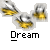Animated contact sheet showing three frames of a buddy icon featuring yellow and silver running stick figures with the text "Dream" below each frame, alongside promotional text for badassbuddy.com.
