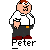 Pixelated cartoon character Peter Griffin in white shirt and dark pants with speech bubbles reading HOLY and CRAP.