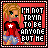 Pixel art contact sheet of an animated buddy icon featuring a blonde cartoon girl in red top and blue skirt with text "I'M NOT TRYIN TO BE ANYONE BUT ME" on red background.
