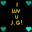 Pixelated icon with yellow text "I LUV U J.G!" and teal hearts on black background, showing animation of heart arrangement changes.