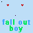 Pixelated text 'fall out boy' in blue and green on light blue background with scattered red, pink, black, purple X-shaped pixels.