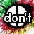 A four- of pixelated text and symbols: top-left shows 'don't' over a peace sign, top-right displays 'worry', bottom-left reads 'be', and bottom-right features 'happy!' inside a smiley face