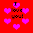 Red background with pink heart shapes and repeated 'I love you!' text in black pixelated font.
