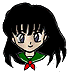 Four pixelated anime-style character head views with black hair, green collars, and red bows against gray background; expressions vary from open eyes to closed smiles.