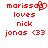Red pixelated text and symbols on white background: 'morissa' with heart symbol, 'loves nick jonas <33' in four lines.