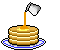 Stack of four golden-brown pancakes on a blue-and-white plate with syrup pouring from a white pitcher, transitioning to syrup dripping and the pitcher moving away.