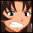 Pixelated anime-style character face with brown hair, wide eyes, and clenched teeth, next to stylized text on black background.