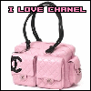 A pink quilted handbag with black handles and a black CC logo, displayed under "I LOVE CHANEL" text with small pink hearts.