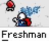 Animated contact sheet showing a pixel art character in blue and red clothing interacting with gray doors across 18 frames, including speech bubbles with text like "CHOOSE ME? DO YOU KNOW", "WHERE GYM IS", "RIGHT HERE", and a blue sign reading "GIRLS".