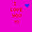 A bright pink background displays four identical 'I LOVE YOU =)' text blocks with red pixelated letters, each paired with a distinct blue animated symbol above the word 'LOVE'.