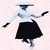 Pixelated figure in white top and black skirt with arms extended, wearing a dark hat against a light background.