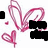 Pixelated pink and black abstract shapes on white background, including curved lines, solid black blocks, and scattered pink dots.