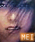 Pixelated close-up of a person with light purple hair and dark eyes, mouth slightly open showing teeth, orange text 'MEI' at bottom right.