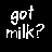Static pixel art icon with white text on black background reading "got milk?" in a retro digital font.
