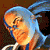 Pixelated image of a person with light blue hair and orange skin, wearing dark clothing against a brown background.