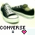six pixelated images showing black Converse sneakers with white laces and soles, each paired with a different colored heart symbol beneath the word 'CONVERSE' in blocky text