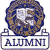 Pixelated circular icon with brown and blue tones, featuring a central white rectangle and a rectangular banner below with 'ALUMNI' text.