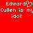 Red background with white pixelated text reading "Edward Cullen is my idol!" and a heart symbol replacing the 'o' in Edward.