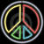 A circular icon with a pixelated peace symbol divided into four colored sections: yellow, red, green, and cyan, enclosed by a light gray border on black background.