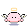 Pixel art of a pink round character with a yellow halo, white wings, and a purple shadow, showing four distinct expressions and poses.