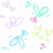 Pixelated collection of pastel-colored heart and butterfly shapes in light purple, pink, blue, green, and cyan on white background.