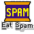 Pixelated icon with purple banner reading 'SPAM' in yellow letters, orange top and bottom borders, and white text below saying 'Eat Spam'.