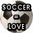 Four pixelated display symbolic equations: soccer ball equals love, heart equals peace, peace symbol equals war, fire equals soccer