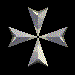 A silver cross-shaped icon with four arms, each arm having a pointed tip, displayed in a of 5 and 5 against a black background