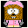 Pixelated character with brown hair, pink hat and shirt, gray gloves, beige pants with green stripe; left eye closed in second frame.
