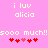 Pixelated pink background with white text reading 'i luv alicia' and 'sooo much!!', accompanied by red heart symbols.