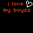 Pixelated text in orange and white on black background, with a heart symbol replacing 'love' in the phrase 'i love my boyzz' on the left side.