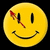 Yellow circular smiley face with black eyes and mouth, red arrow pointing to left eye, black background in top-left and bottom-left, gray background in top-right.