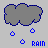 Four pixelated rain cloud icons arranged in a , each with blue raindrops and the word 'RAIN' below