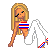 Pixel art animation frame showing a blonde cartoon woman in patriotic-themed clothing with red, white, and blue stripes posing next to text reading "I love the US USA!" on a light background.