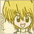 Pixelated anime-style character with blonde hair and brown eyes, smiling broadly in a static image.