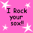 Pink background with white star shapes and repeated black text reading "I Rock your sox!!" in four quadrants.