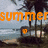 A beach scene with palm trees and a pier, featuring the word 'summer' in multiple colors above each frame.
