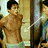 A pixelated image of a shirtless man with dark hair in a bathroom, surrounded by green text containing phrases like "Hot bod soda" and "you really are the hot one."