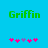 Green pixelated text 'Griffin' appears above pink and purple star-like shapes on a solid blue background.