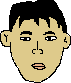 Six pixelated cartoon faces with black hair and beige skin show sequential changes in eye positions, mouth shapes, and a red nose-like object.