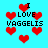 Pixelated red hearts and black text on cyan background with repeated 'I LOVE VAGGELIS' phrases.