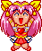 Pixel art character with pink hair and yellow accessories in two expressions: open-mouthed joy and closed-mouth smile, wearing red dress with blue and white accents.