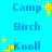 Pixelated blue text on cyan background with yellow square animations; words 'Camp', 'Birch', and 'Knoll' appear in . Yellow squares shift position across frames while text remains static