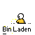 Pixelated icon shows a figure with white head and yellow body, text 'Bin Laden' below, yellow dots forming arc above figure, gray background.