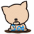 Pixelated cartoon cat with beige fur and brown outline, wearing blue text on its chest that changes across frames.