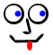 Two side-by-side pixelated faces with large white eyes, blue pupils, black outlines, and red tongues sticking out against a gray background.