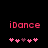 Pixelated pink 'iDance' text above five pink and purple heart symbols on a black background, with heart positions shifting between frames.